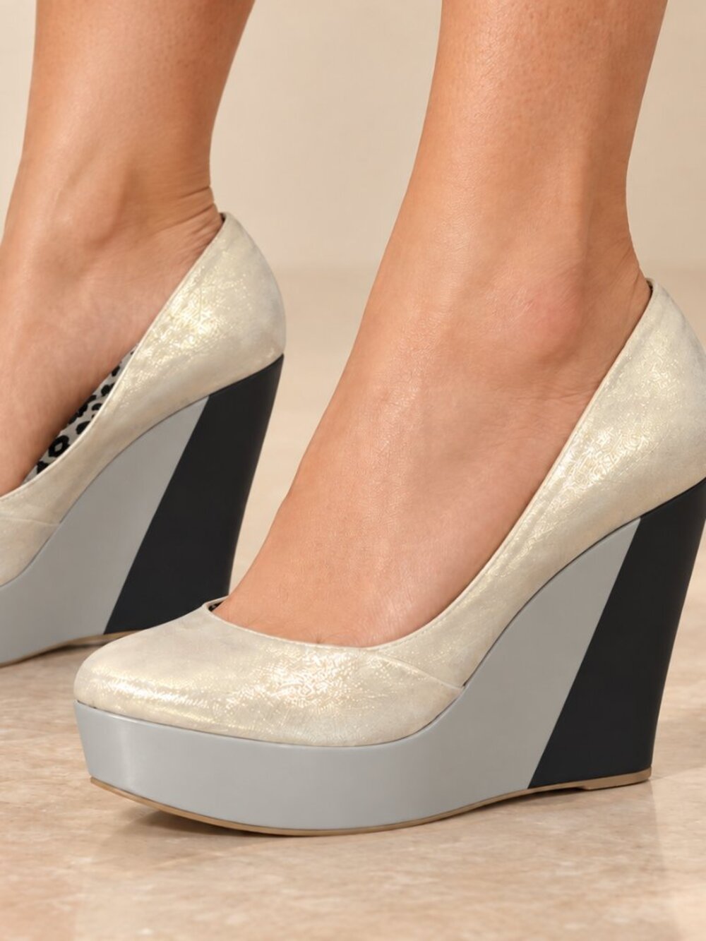 Dusty Goldish and Silver Metallic  with Black Patch Center of Platform Wedges